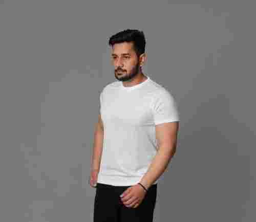 Mens Plain Round Neck Short Sleeve White Polyester Sports Wear T-Shirt