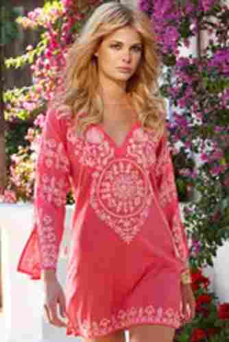 Ladies Casual Wear V Neck Long Sleeve Rayon Embroidered Tunic Tops