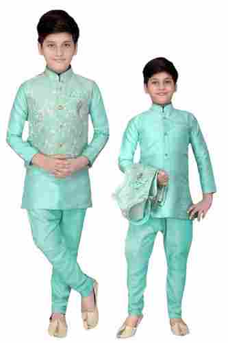 Plaint Pattern Cotton Fabric Multi Color Kurta Pajama For Kids Party Wear
