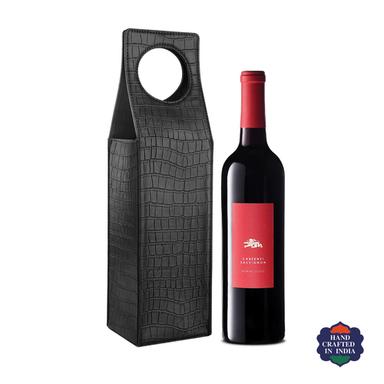 Black Vegan Leather Croco Wine Bottle Cover With Handle For Gifting