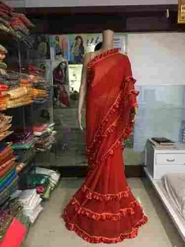 Red Party Wear Lightweight Beaded Designer Ruffle Silk Saree With Blouse Piece