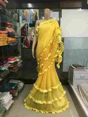 Yellow Party Wear Lightweight Beaded Designer Ruffle Silk Saree With Blouse Piece