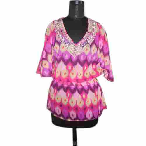 Multi Color 3/4th Sleeves Cotton Fabric Printed Pattern Western Design V-Neck Ladies Printed Tops