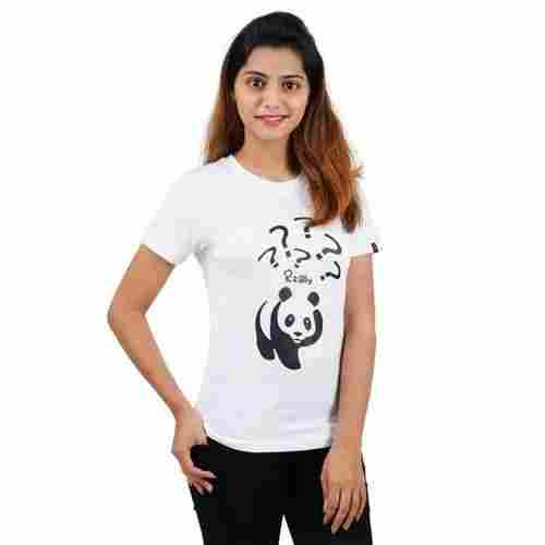 White Printed Cotton Round Neck Short Sleeve Casual Wear Ladies T-Shirt