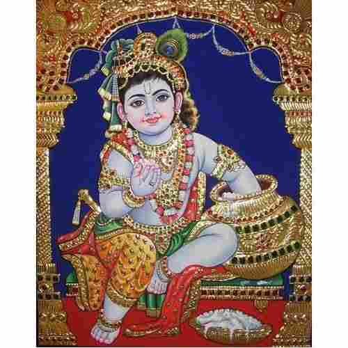 Medium Size Rectangular Shape Baal Krishna Tanjore Painting For Temple