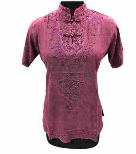 Multi Color Half Sleeves Rayon Fabric High Neck Casual Wear Ladies Embroidered Tops