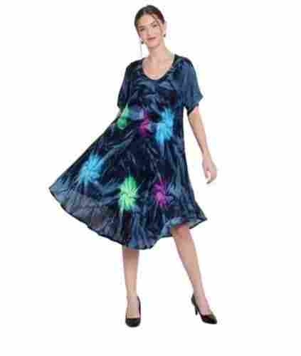 Multi Color Rayon Fabric Half Sleeves Tye Dye Pattern Casual Wear Ladies One Piece Dress