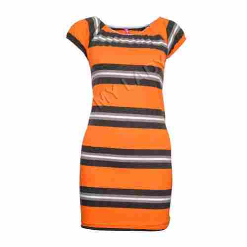 Multi Color Round Neck Half Sleeved Striped Pattern Regular Fit Casual Wear Ladies One Piece Dress