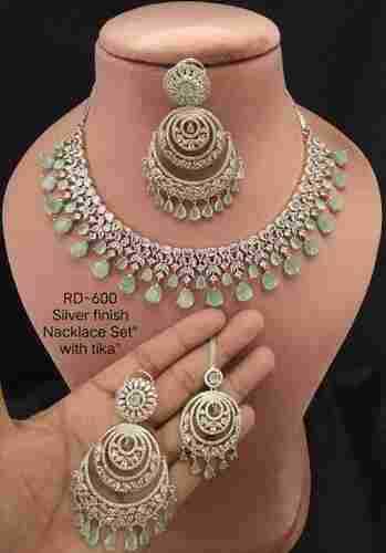Silver Finish Necklace Set With Tika For Party Wear