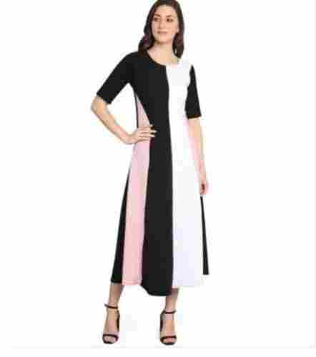 Multi Color Half Sleeves Round Neck Striped Pattern Regular Fit Ladies Long Dress