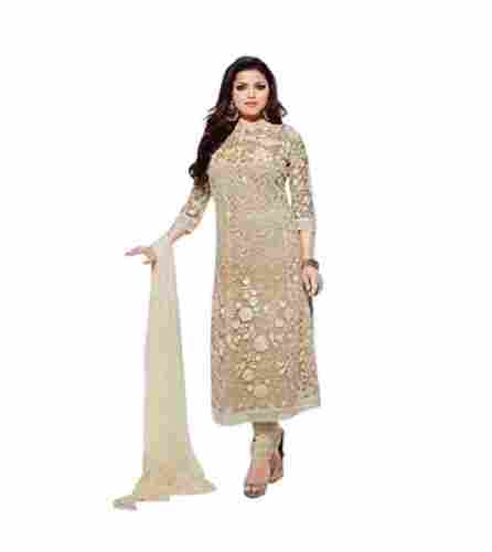 Ladies Straight Collar 3/4th Sleeves Embroidered Georgette Chudidar Suit