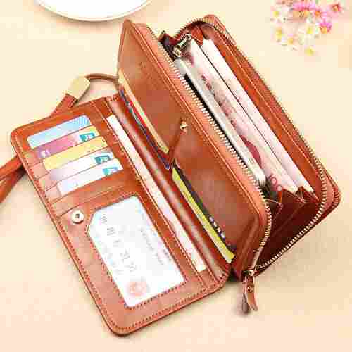 Ladies Folding Genuine Leather Wallet With Zipper Closure For Offices