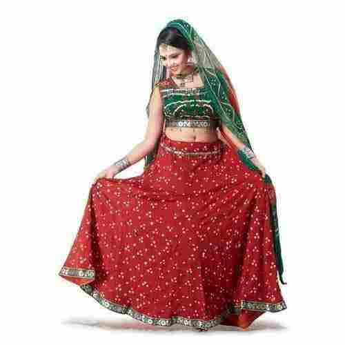 Red And Green Sleeveless Round Neck Party Wear Printed Cotton Ghagra Choli