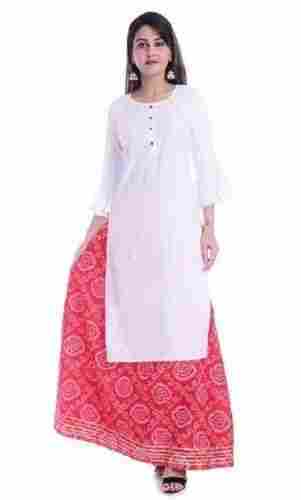 Ladies Rayon 3/4th Sleeve Round Neck Casual White And Pink Kurtis With Skirt