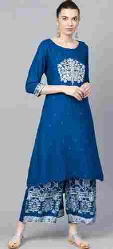 Ladies Embroidered Rayon Round Neck 3/4th Sleeve Casual Blue Kurtis Palazzo Set