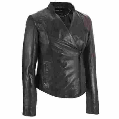 Full length Zip Up Front And Inside Pocket Lambskin Black Leather Jacket