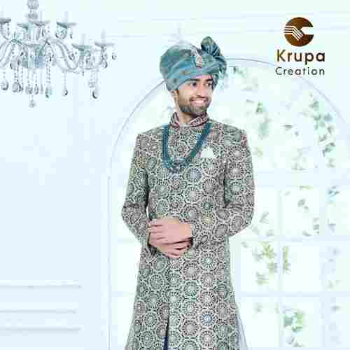 Wedding Wear Printed Design Fully Stitched Sherwani For Mens With Perfect Fitting