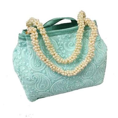 Silver Emboidered Cotton Hand Bags With Embroidery And White Pearl Handle Tassel