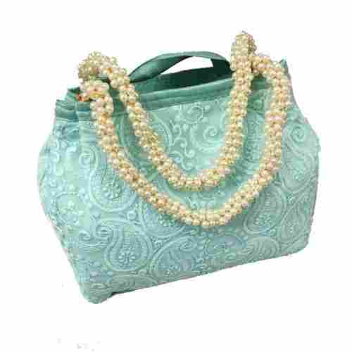 Emboidered Cotton Hand Bags with Embroidery and White Pearl Handle Tassel