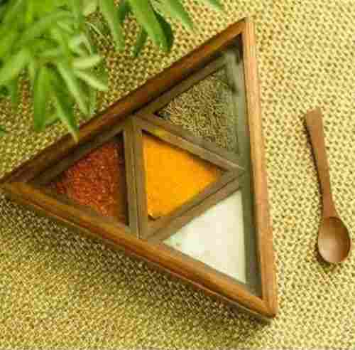 4 Partition Triangular Shape Wooden Masala Storage Box With Spoon For Kitchen