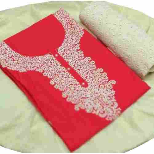 Skin Friendliness Unstitched Dyed Embroidered Neckline Cotton Salwar Suit For Ladies