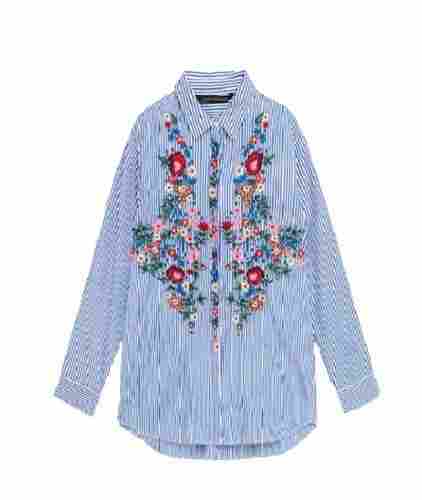 Casual Wear Long Sleeves Cotton Ladies Striped Embroidered Shirt