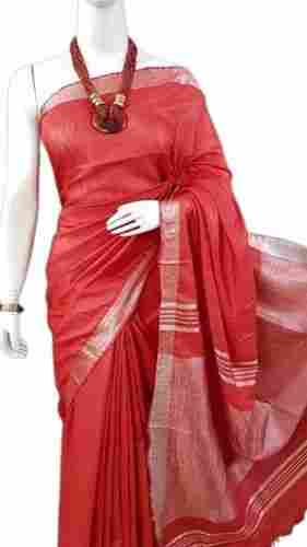 Party Wear Stripped Design Cotton Linen Saree With Blouse For Ladies