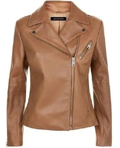 Brown Women Short Slim Pattern Long Sleeve Zipper Moto Motorcycle Biker Leather Jacket 