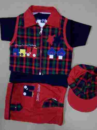 1-3 Age Boy Red Black Dress Set Includes Shirt, Half Pant And Cap