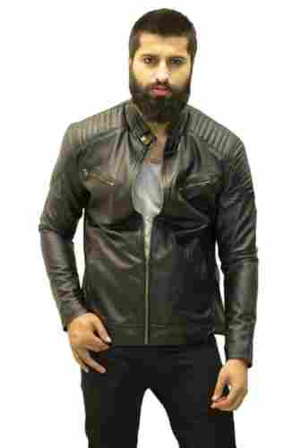 Full Sleeve Mandarin Collar Plain Faux Leather Biker Jacket 