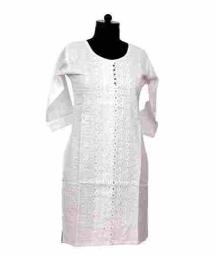 Ladies White Printed Casual Wear 3/4th Sleeve Cotton Chikan Kurti