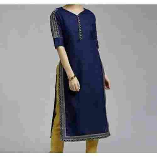 Casual Wear Fancy Design Blue Ladies Cotton Kurti With 3/4th Sleeve