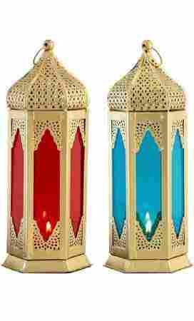 Iron Metal Lantern with Multi Coloured Glass for Indoor and Outdoor