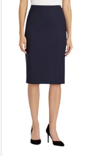 Dark Blue 99% Pure Chiffon Plain Solid Slim Fit Formal Knee Length Skirt