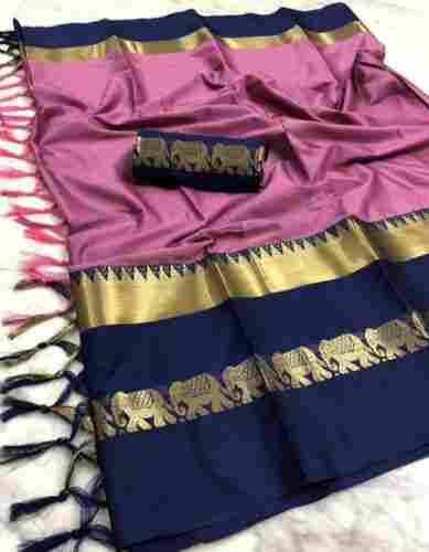 Ladies Plain Festive Wear Zari Work Soft Polyester Saree With Blouse Piece