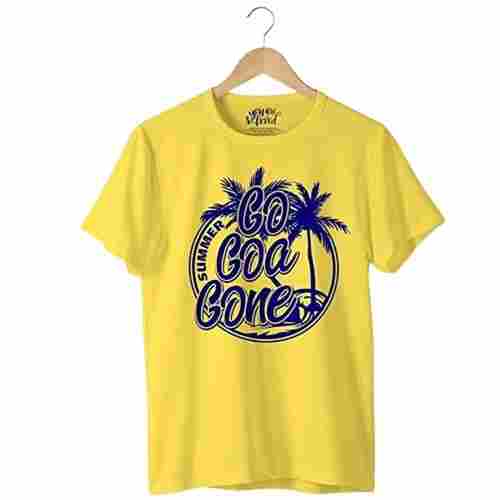 Mens Yellow Short Sleeve Round Neck Casual Wear Printed Cotton T Shirt