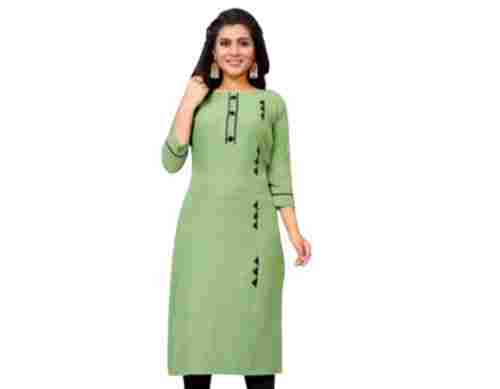 3/4th Sleeve Round Neck Casual Wear Plain Crepe Cotton Kurti For Ladies