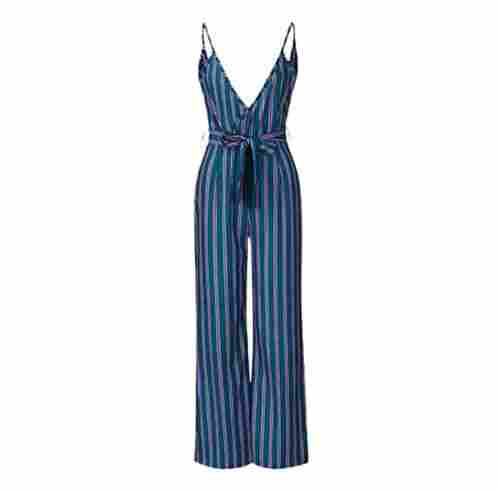 Sleeveless Blue Color Striped Polyester Jumpsuit For Ladies