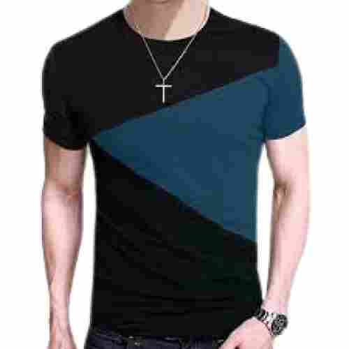 Short Sleeve Round Neck Slim Fit Black With Blue Casual Wear Cotton T Shirt
