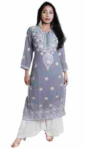 Breathable And Full Sleeves Casual Wear Embroidered Chiffon Kurti