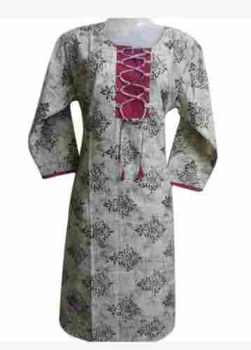 Casual Wear Round Neck 3/4th Sleeves Printed Cotton Kurti For Ladies