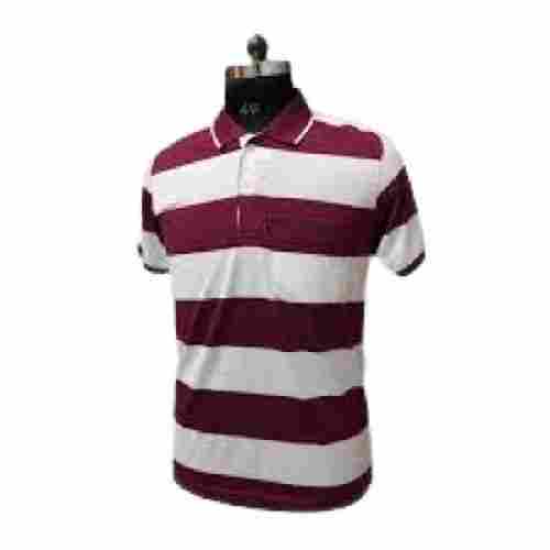Polo Neck And Short Sleeve Striped Pattern Cotton T Shirt For Men