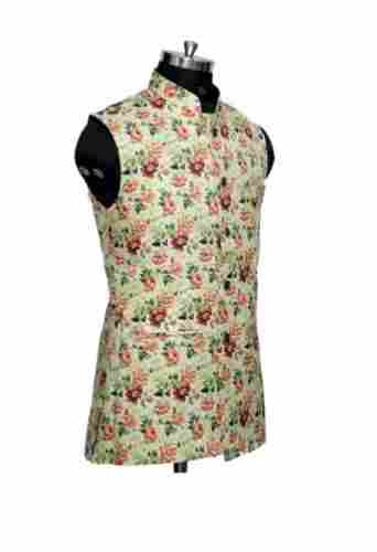Comfortable Sleeveless Double Pocket Printed Polyester Nehru Jacket 