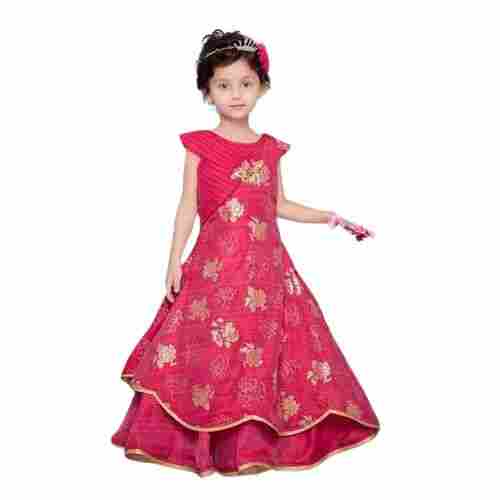 Girls Party Wear Sleeveless Round Neck Floral Print Silk Gown for Girls