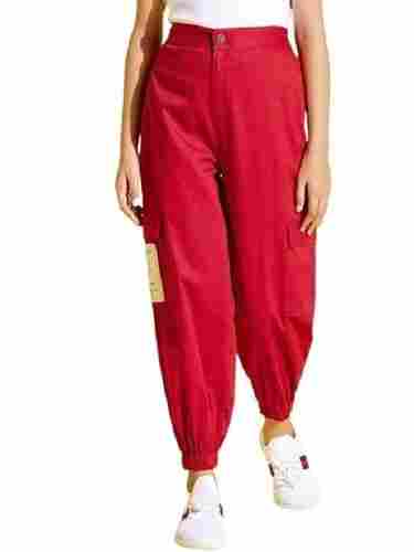 Girls Plain 4 Pockets Red Fancy Cotton Cargo Pants