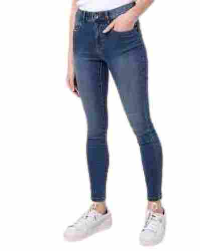Casual Wear Plain Slim Fit Straight Style Blue Denim Jeans For Ladies