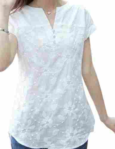 Short Sleeve Embroidered Pattern Casual Wear Pure Cotton Tops For Women