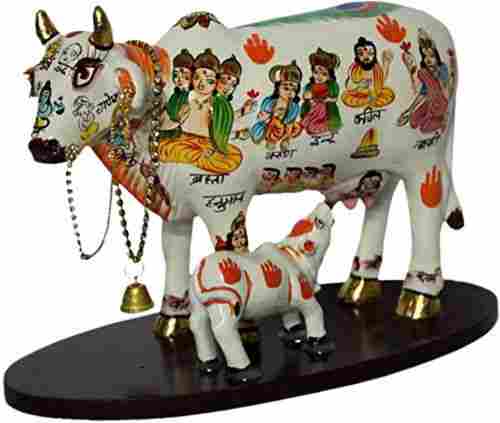 14 Centimeters Painted Cow Handicraft Wooden Statue for Decoration Use