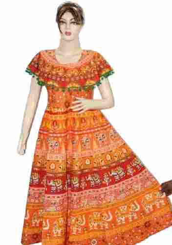 Multi Color Casual Wear Short Sleeve Jaipuri Printed Cotton Frock 