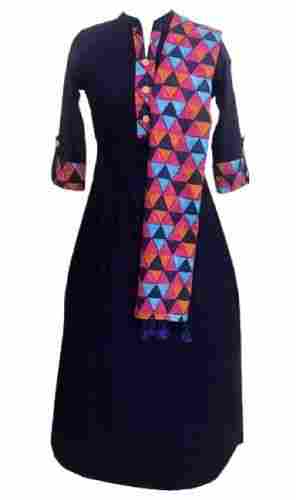 Printed 3/4th Sleeve Casual Wear Navy Blue Cotton Kurti For Ladies